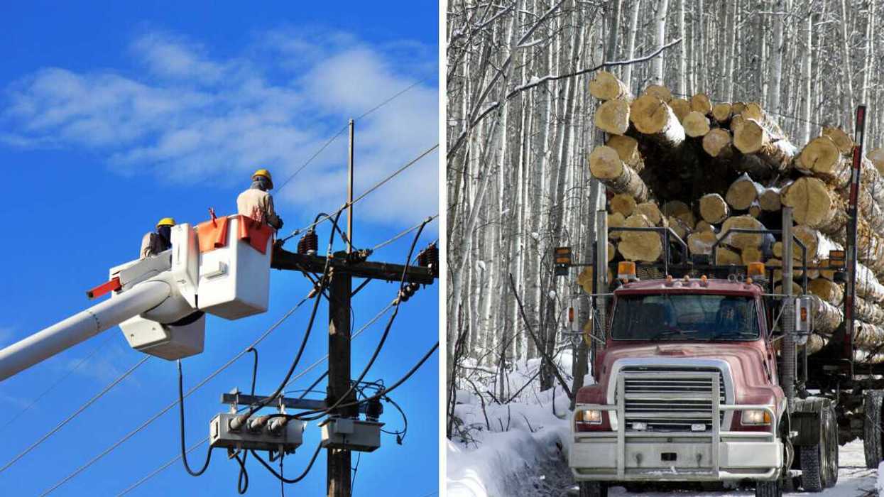 Technician works on a hydro line. Right: Logging truck in Canada.