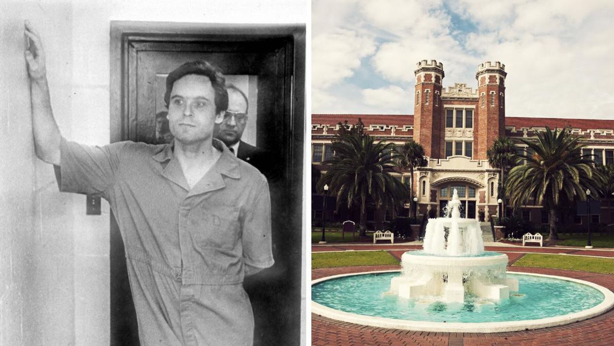 Ted Bundy in prison. Right: Florida State University building.