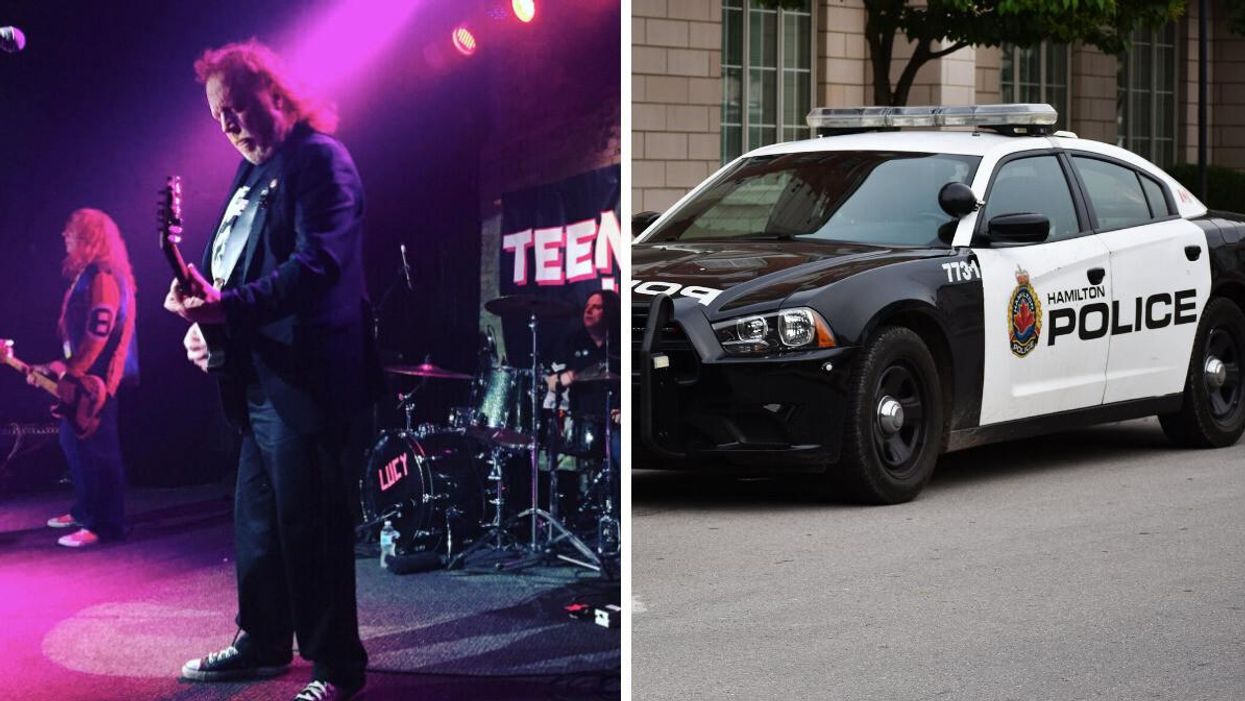 Teenage Head playing with Gord Lewis. Right: Hamilton police.