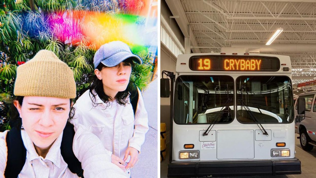 Tegan and Sara. Right: The renamed Calgary bus.