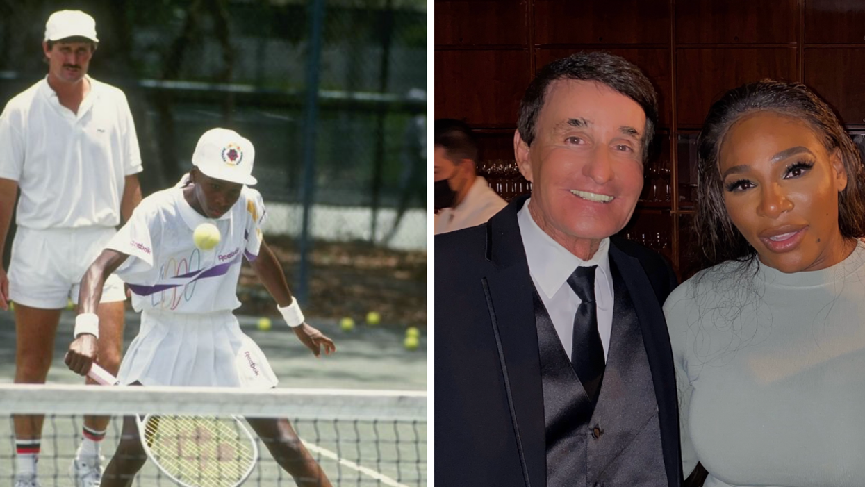 Tennis players Rick Macci and Venus Williams in the '90s. Right: Rick Macci and Serena Williams at the "King Richard" watch party in 2022.