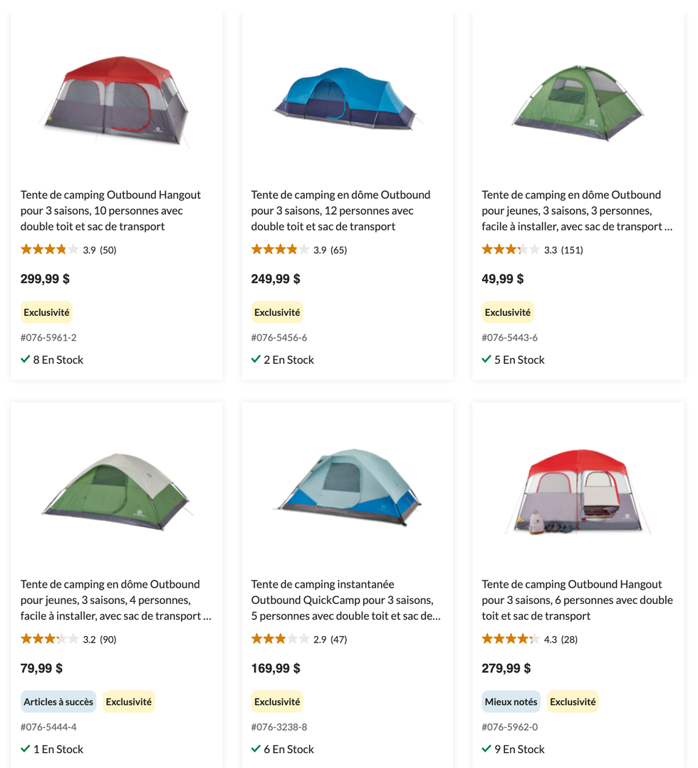 Tentes Outbound au Canadian Tire.