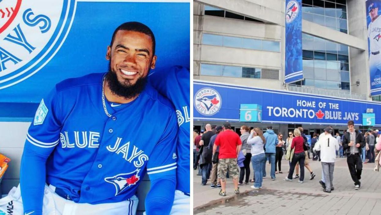 Teoscar Hernández. Right: People walking into a Toronto Blue Jays game.