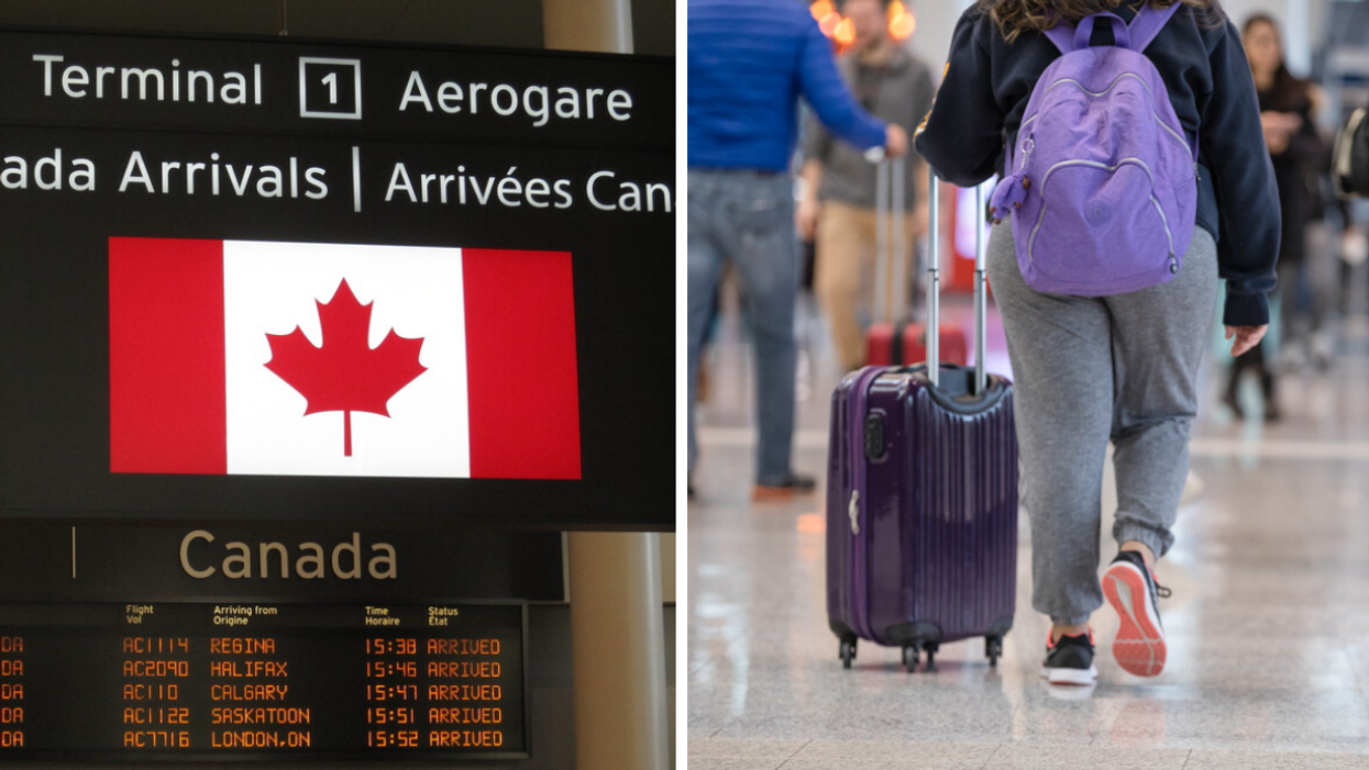 Terminal 1 at Toronto Pearson Airport. Right: A traveller at Toronto Pearson Airport.