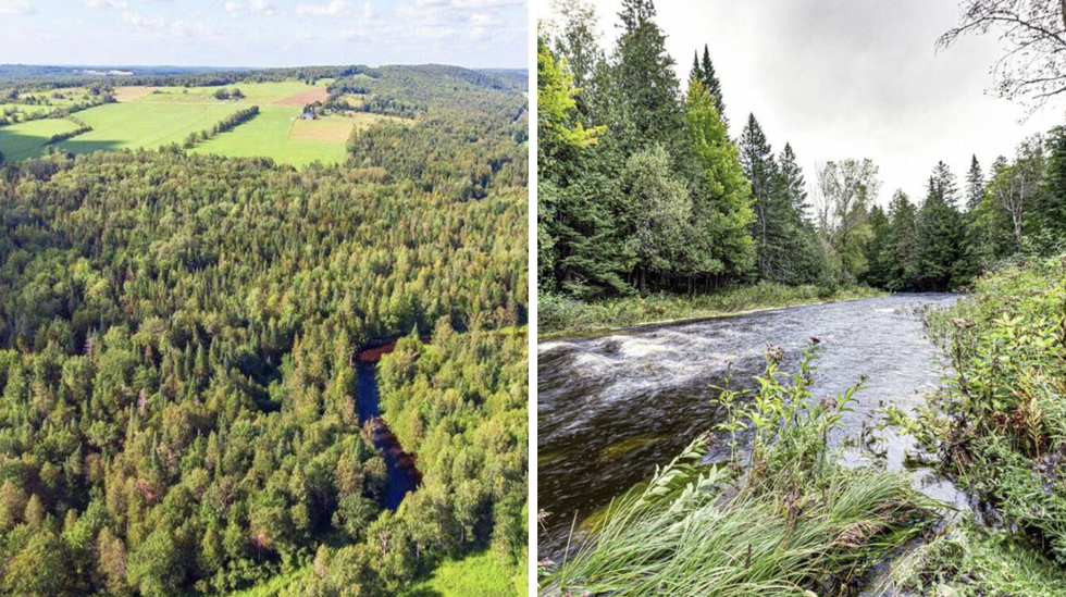 Terrain de 7.6 acres. Droite : Ruisseau.