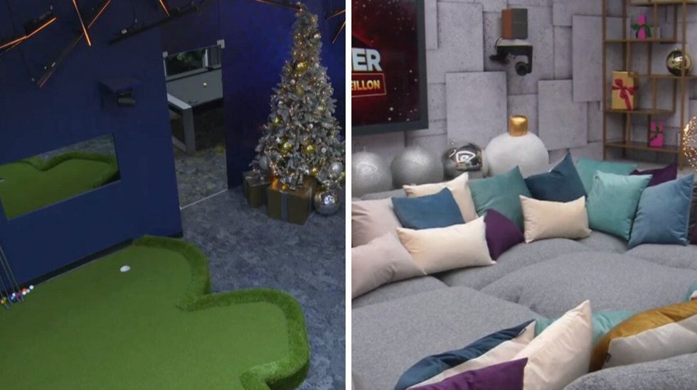 Terrain de mini-putt. Droite : Salon avec grand canap\u00e9 et plusieurs coussins.