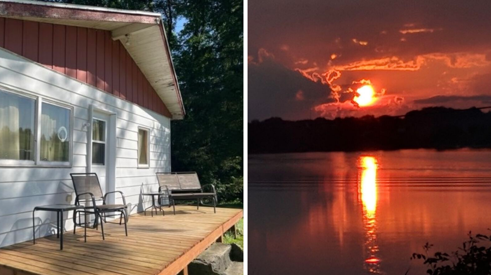 Terrasse arri\u00e8re de la demeure. Droite : Coucher de soleil sur la rivi\u00e8re Bastican.