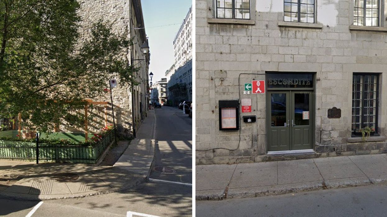 Terrasse du Escondite dans le Vieux-Port de Montréal. Droite : Devanture du restaurant Escondite Vieux-Port à Montréal.