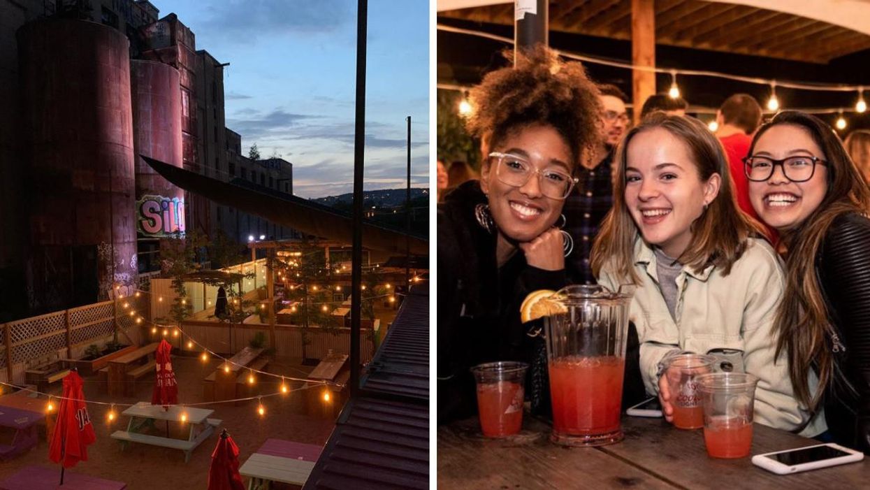 Terrasse du Riverside à Montréal. Droite : Trois jeunes femmes au Riverside.