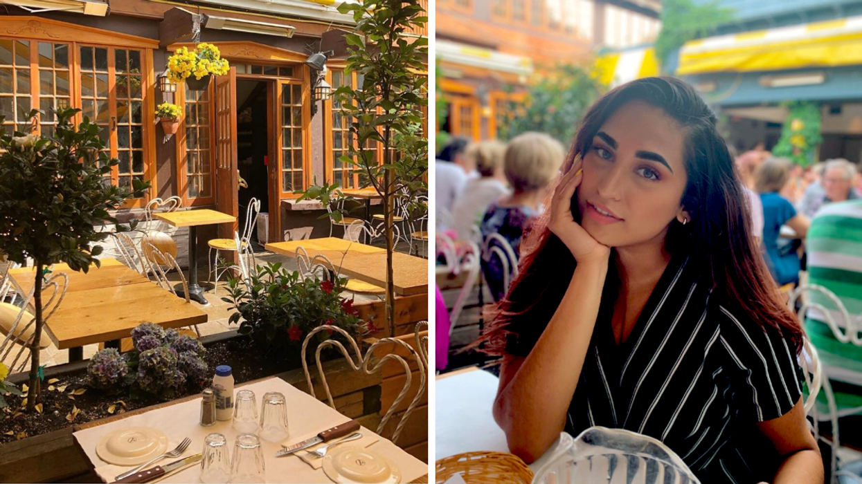 Terrasse fleurie à Montréal avec chaises blanches en fer forgé, ambiance romantique et végétation luxuriante. Droite : Une personne souriante à table.