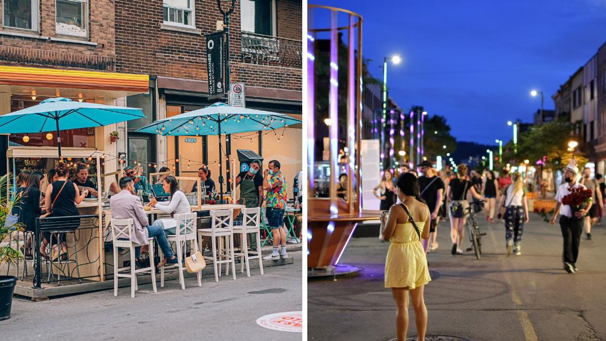 Terrasse sur la rue Wellington. Droite : Avenue du Mont-Royal pleine de piétons.