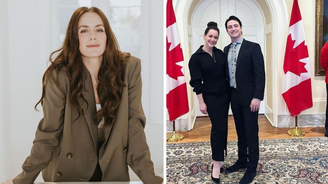 Tessa Virtue. Right: Tessa Virtue and Scott Moir at Rideau Hall in Ottawa in 2022.