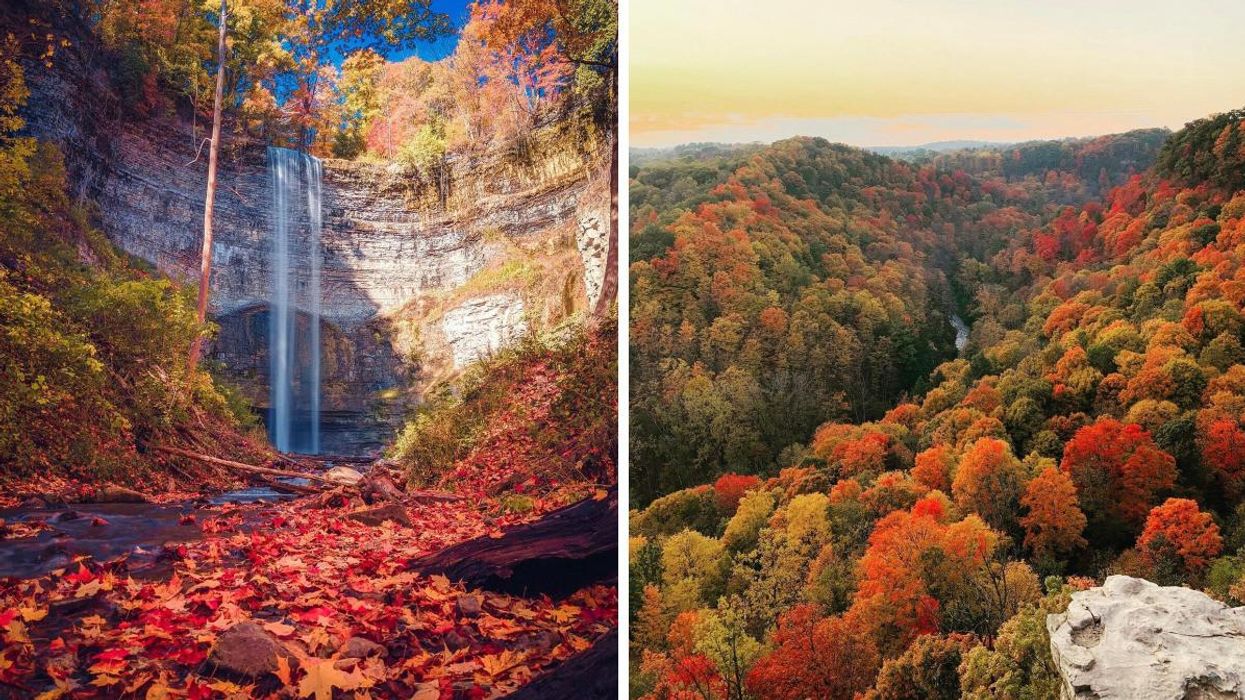 Tew Falls surrounded by leaves. Right: Dundas Peak lookout.