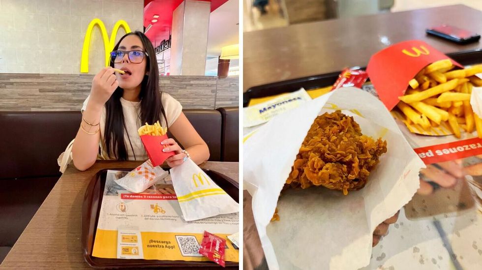 Texas Editor Fernanda Leon eating McDonald's fries in Colombia. Right: French fries and a piece of fried chicken from McDonald's in Colombia.