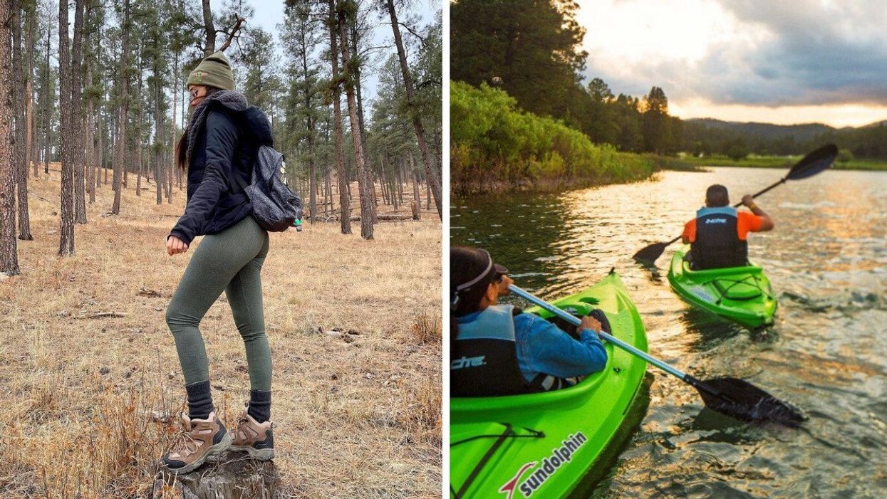 Texas Editor Fernanda Leon hiking in Ruidoso, NM. Right: A couple kayaking in Ruidoso, NM.