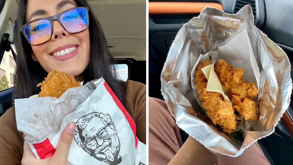 Texas Editor Fernanda Leon holding a KFC Double Down Sandwich. Right: The KFC Double Down Sandwich.