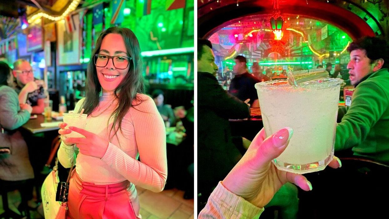 Texas Editor Fernanda Leon holding a margarita from the Kentucky Bar & Grill in Ciudad Juarez. Right: A margarita from the Kentucky Bar & Grill.