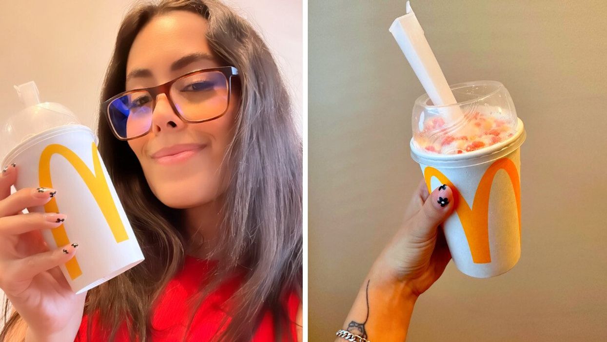 Texas Editor Fernanda Leon holding a McDonald's McFlurry cup. Right: The new McDonald's Strawberry Shortcake McFlurry.