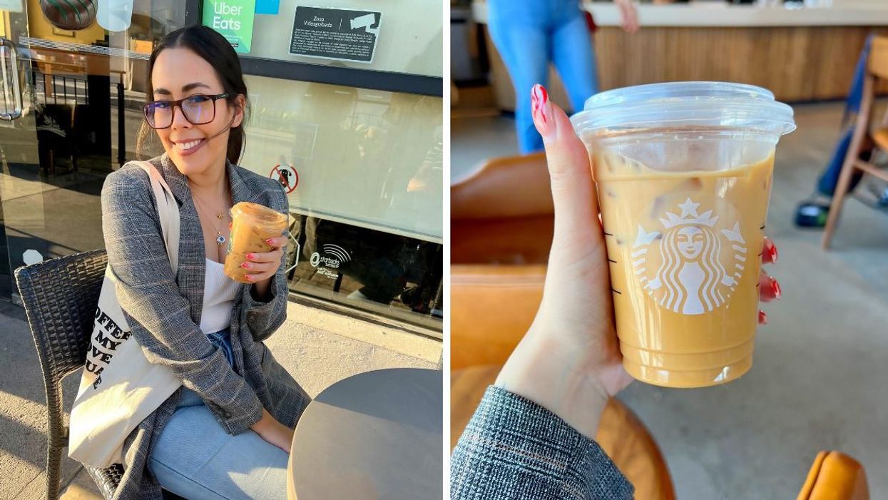 Texas Editor Fernanda Leon holding a PSL at a Starbucks in Mexico. Right: Fernanda Leon holding a Pumpkin Spice Latte at a U.S. Starbucks.