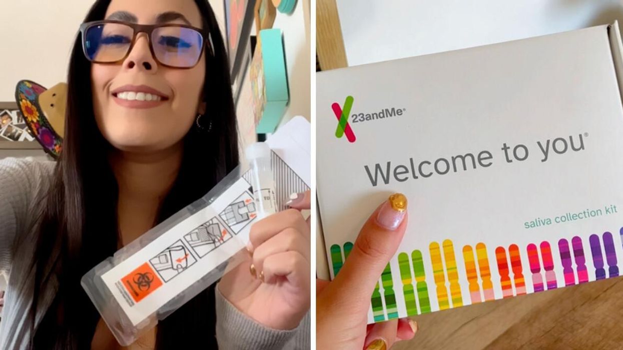 Texas Editor Fernanda Leon holding the 23andMe saliva collection test. Right: Fernanda holding a 23andMe DNA test kit.