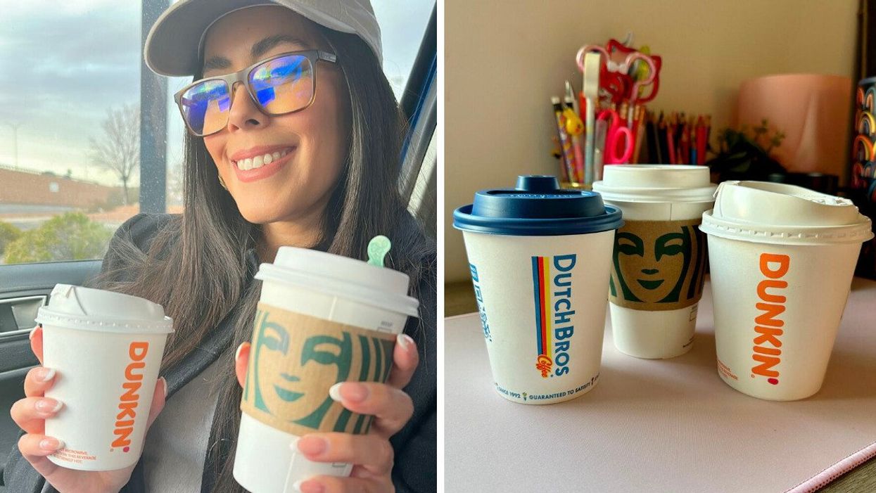 Texas Editor Fernanda Leon holding two cups of coffee. Right: Coffee from Dutch Bros Coffee, Starbucks, and Dunkin'.