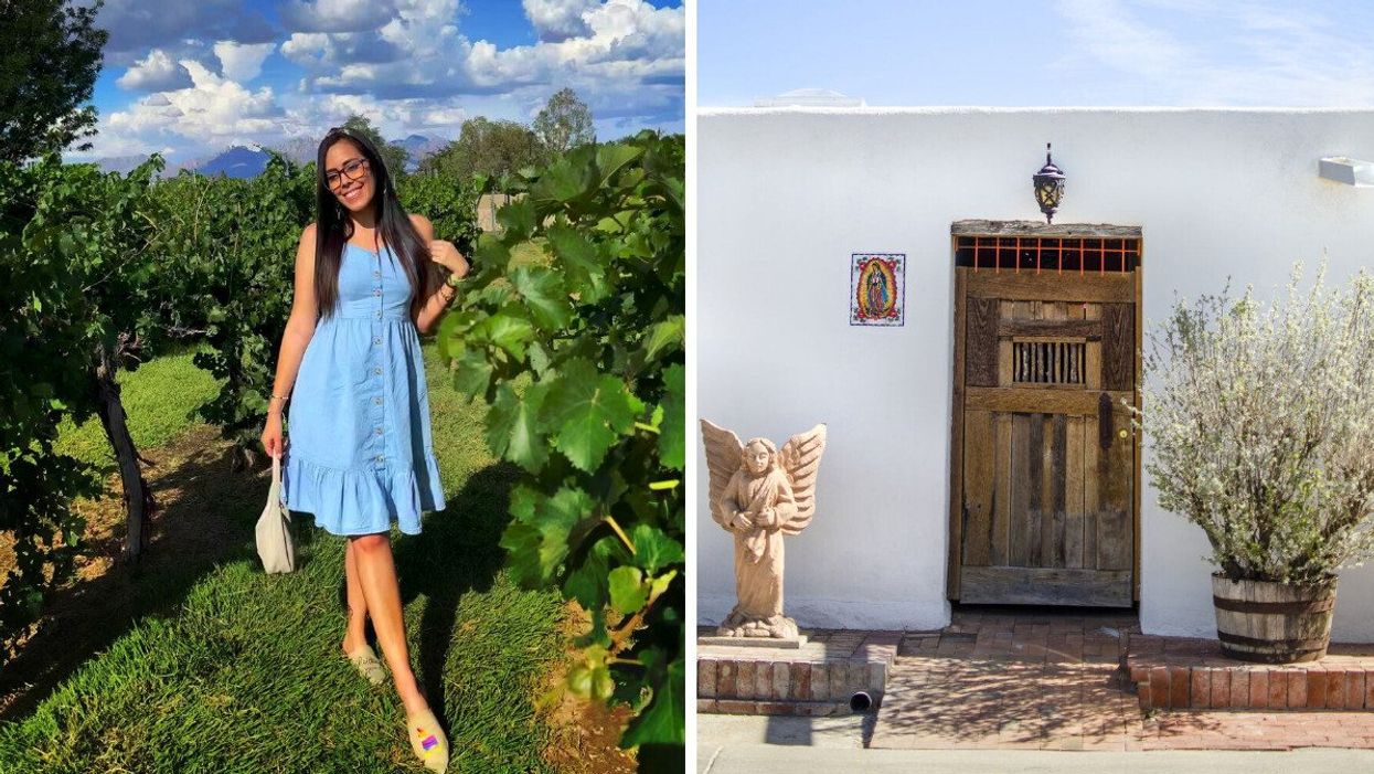 Texas Editor Fernanda Leon in a winery in Las Cruces, NM, located a couple of miles away from Mesilla. Right: A house in Mesilla, NM.