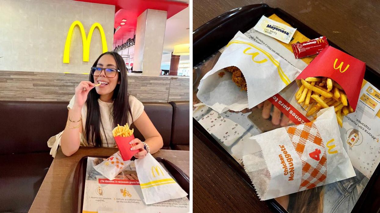 Texas Editor Fernanda Leon trying the McDonald's fries in Colombia. Right: McNuggets, large fries and a piece of fried chicken from McDonald's in Colombia.