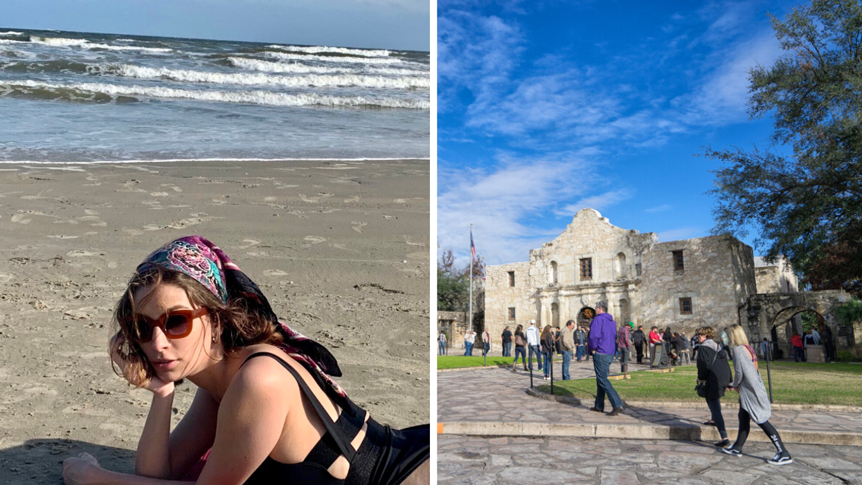 Texas staff writer Brittany Cristiano at a beach in Galveston. Right: Tourists outside of the Alamo in San Antonio, TX.