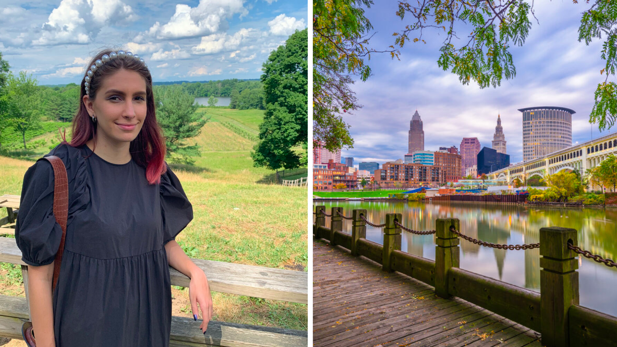 Texas Staff Writer Brittany Cristiano at a winery in Ohio. Right: The skyline in Cleveland, OH.
