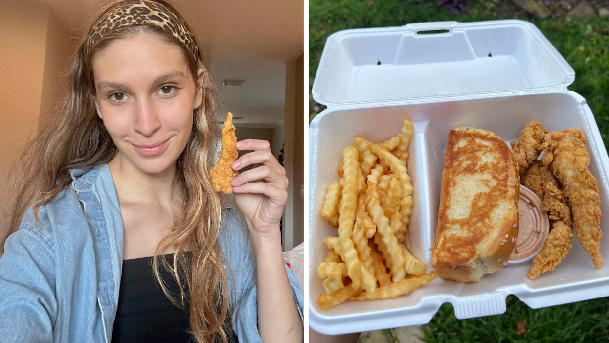 Texas Staff Writer Brittany Cristiano holding a chicken tender. Right: A chicken tender combo meal from Raising Cane's.