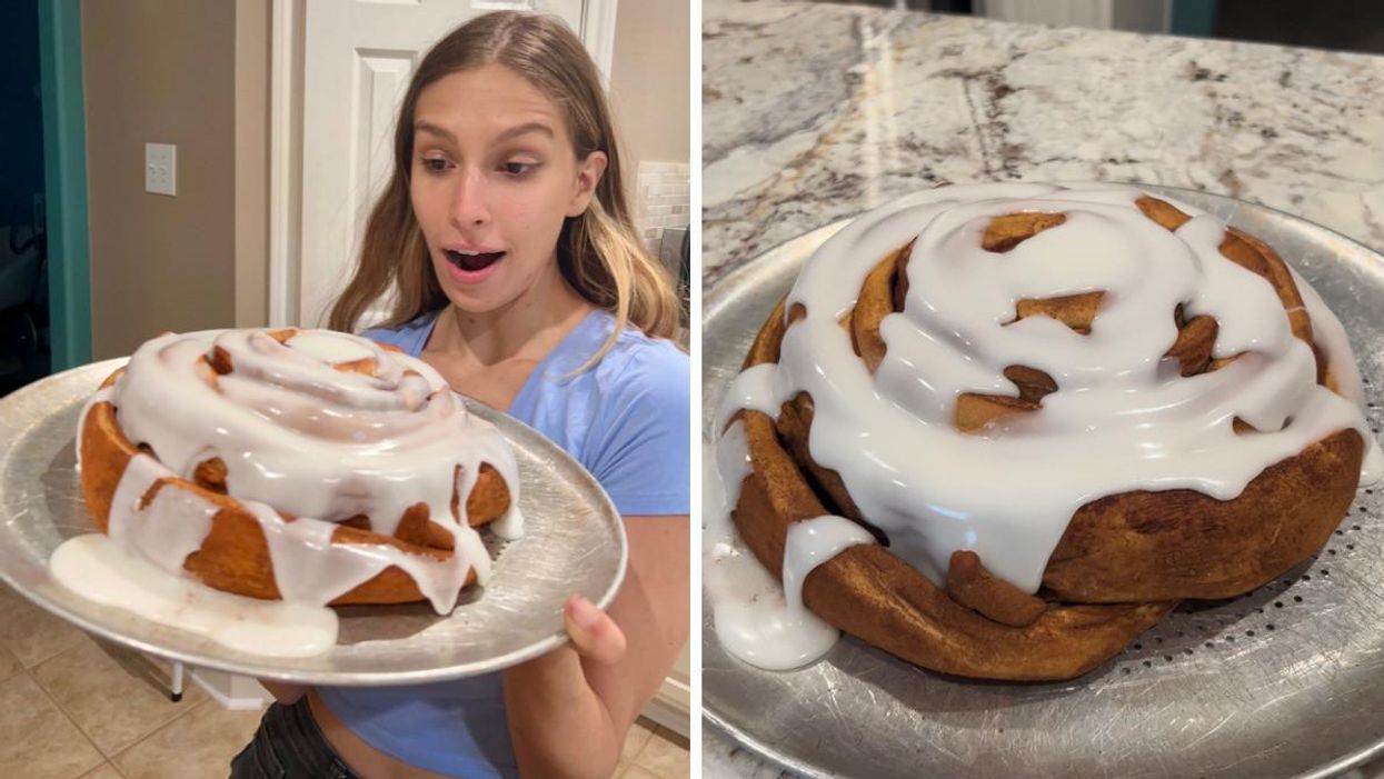 Texas Staff Writer, Brittany Cristiano, holding the 5-pound cinnamon roll from Bonnie's Donuts. Right: The 5-pound cinnamon roll.