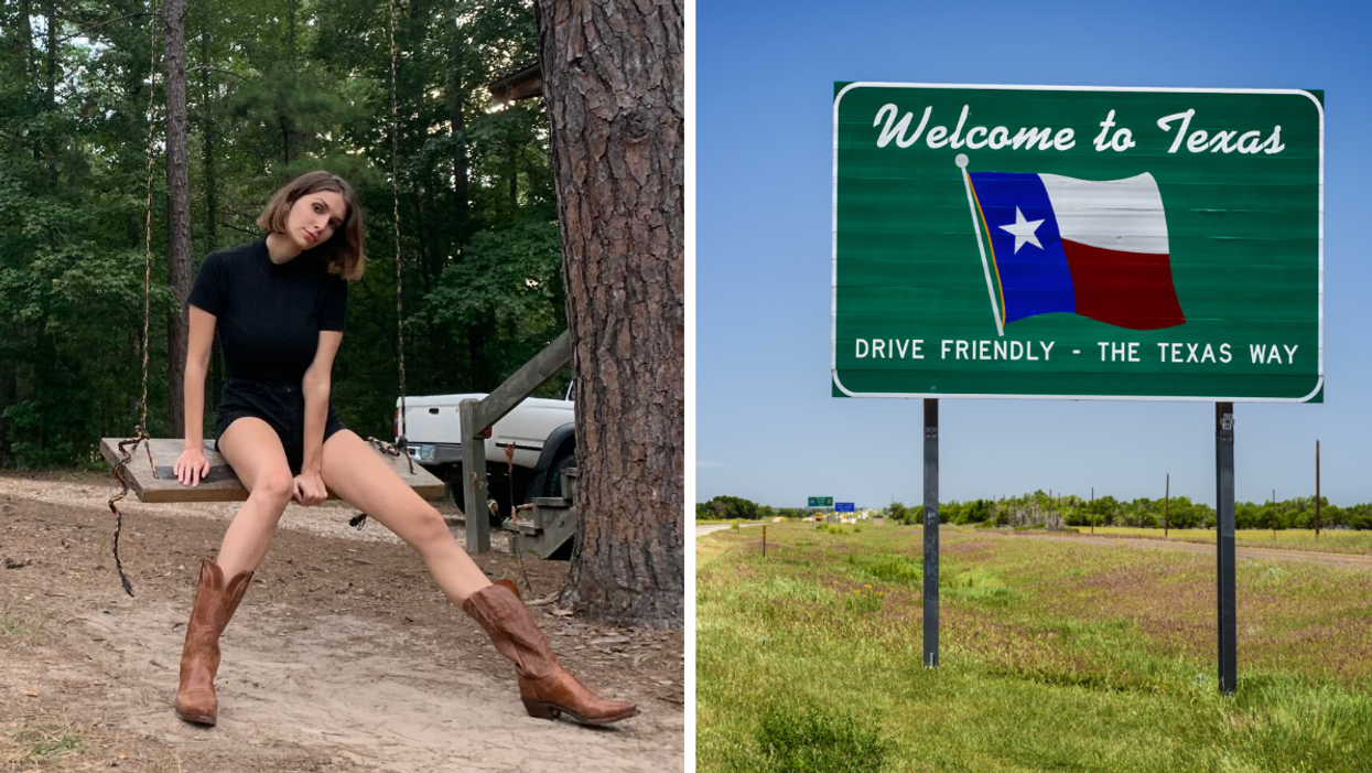 Texas Staff Writer Brittany Cristiano in a black shirt and shorts with brown cowboy boots. Right: A "Welcome to Texas" sign.