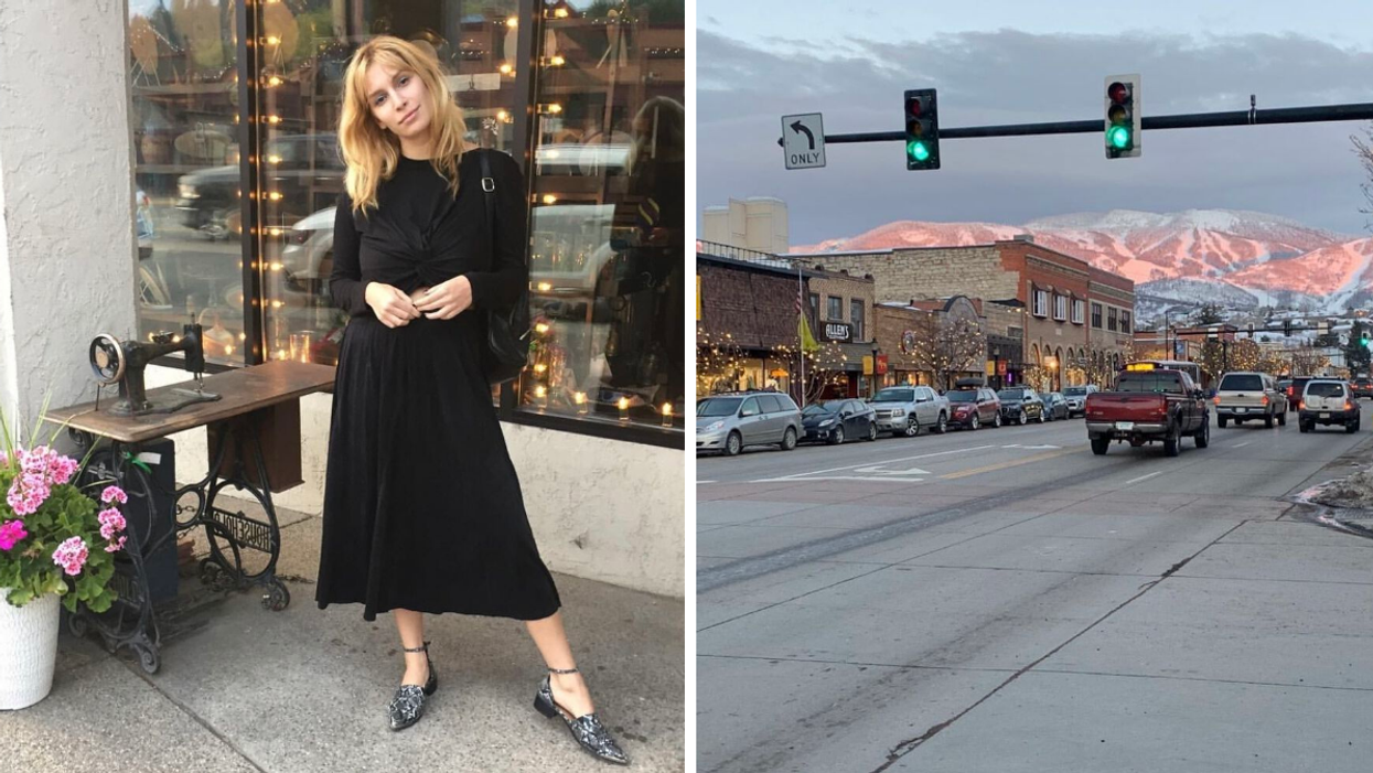 Texas staff writer Brittany Cristiano in a black top and black skirt in Steamboat Springs, CO. Right: A street in Steamboat Springs, CO.