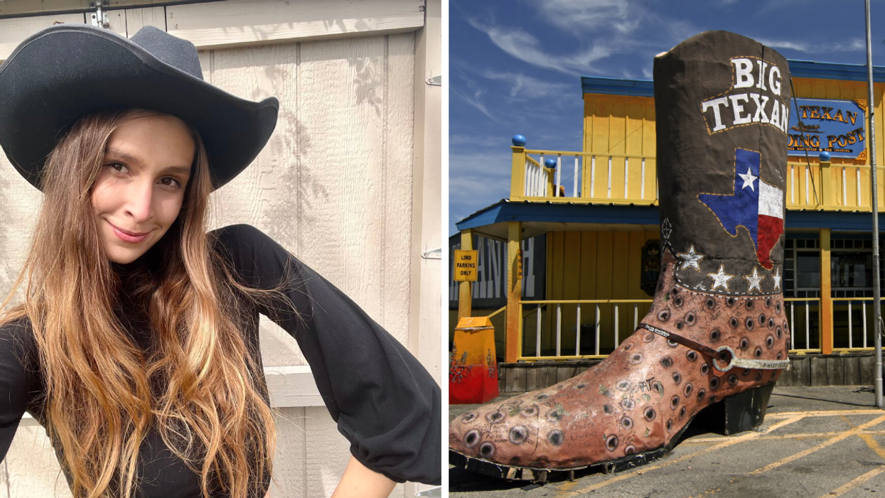 Texas staff writer Brittany Cristiano in a cowboy hat. Right: A giant cowboy boot outside the Big Texan.