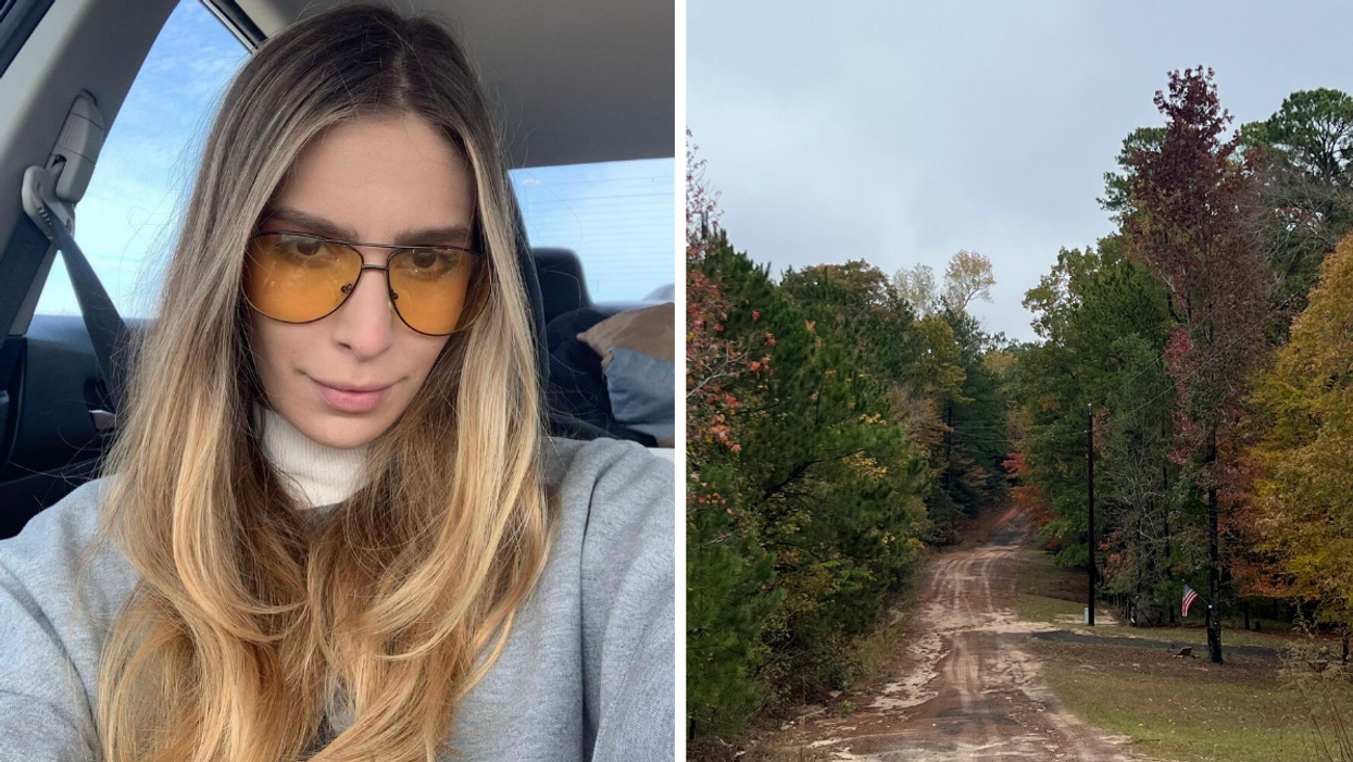 Texas Staff Writer Brittany Cristiano in a grey sweater and yellow sunglasses. Right: A road in rural Texas.