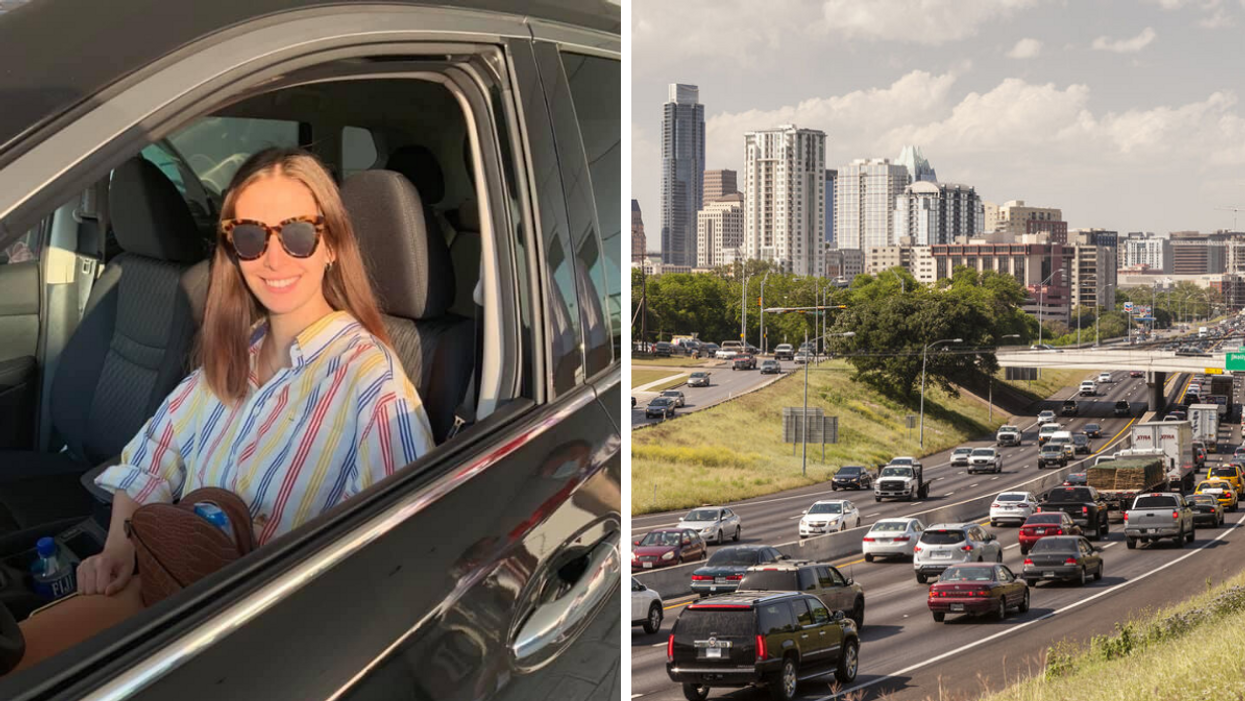 Texas Staff Writer Brittany Cristiano in a parked car. Right: Cars driving on a highway in Austin, TX.