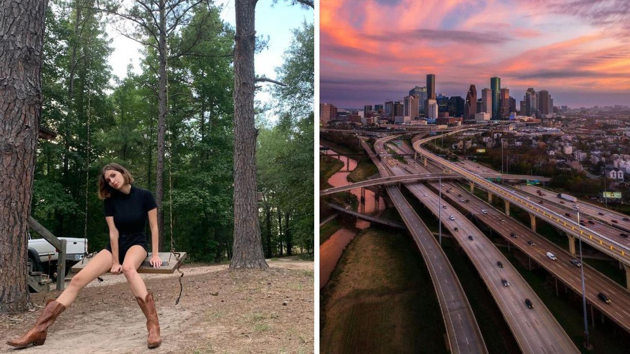 Texas staff writer, Brittany Cristiano, on a swing in Texas. Right: An overview of Houston, TX.