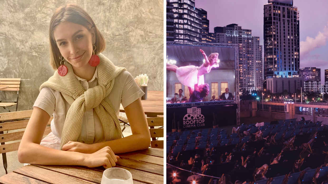 Texas staff writer Brittany Cristiano sitting at a table. Right: People watching a movie on a rooftop in Houston, TX.