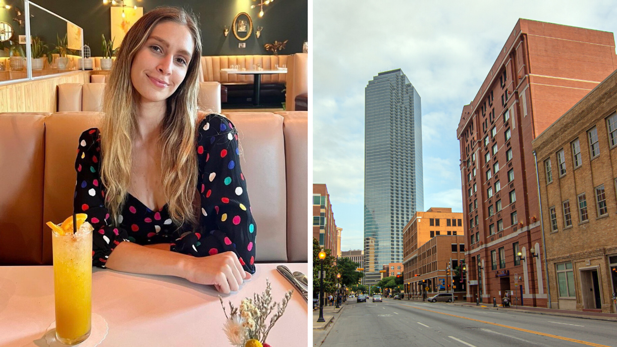 Texas StaffWriter Brittany Cristiano in a polka dot dress. Right: A street in Dallas, TX.