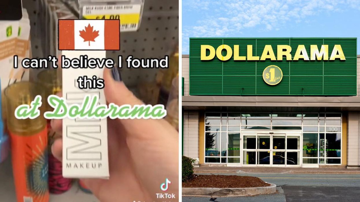 Text that says "I can't believe I found this at Dollarama" over a Milk makeup product. Right: The exterior of Dollarama.