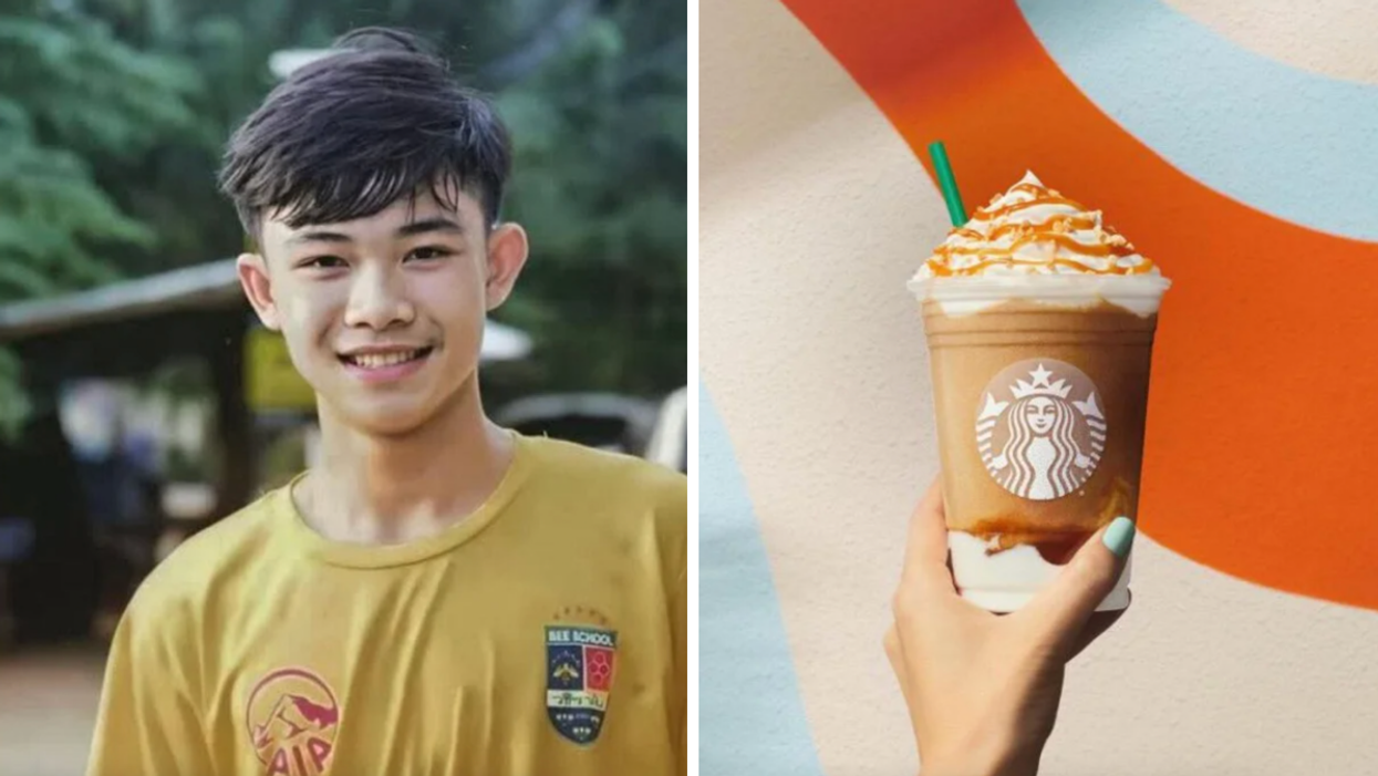 Thai youth soccer player Duangpetch Promthep. Right: A Starbucks Frappucino.
