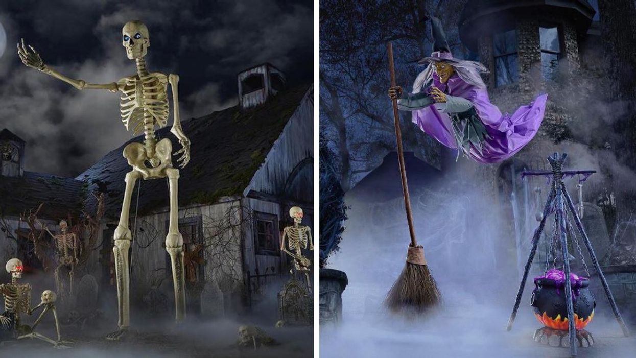 The 12-foot skeleton staged in a spooky yard. Right: The flying witch and a cauldron.