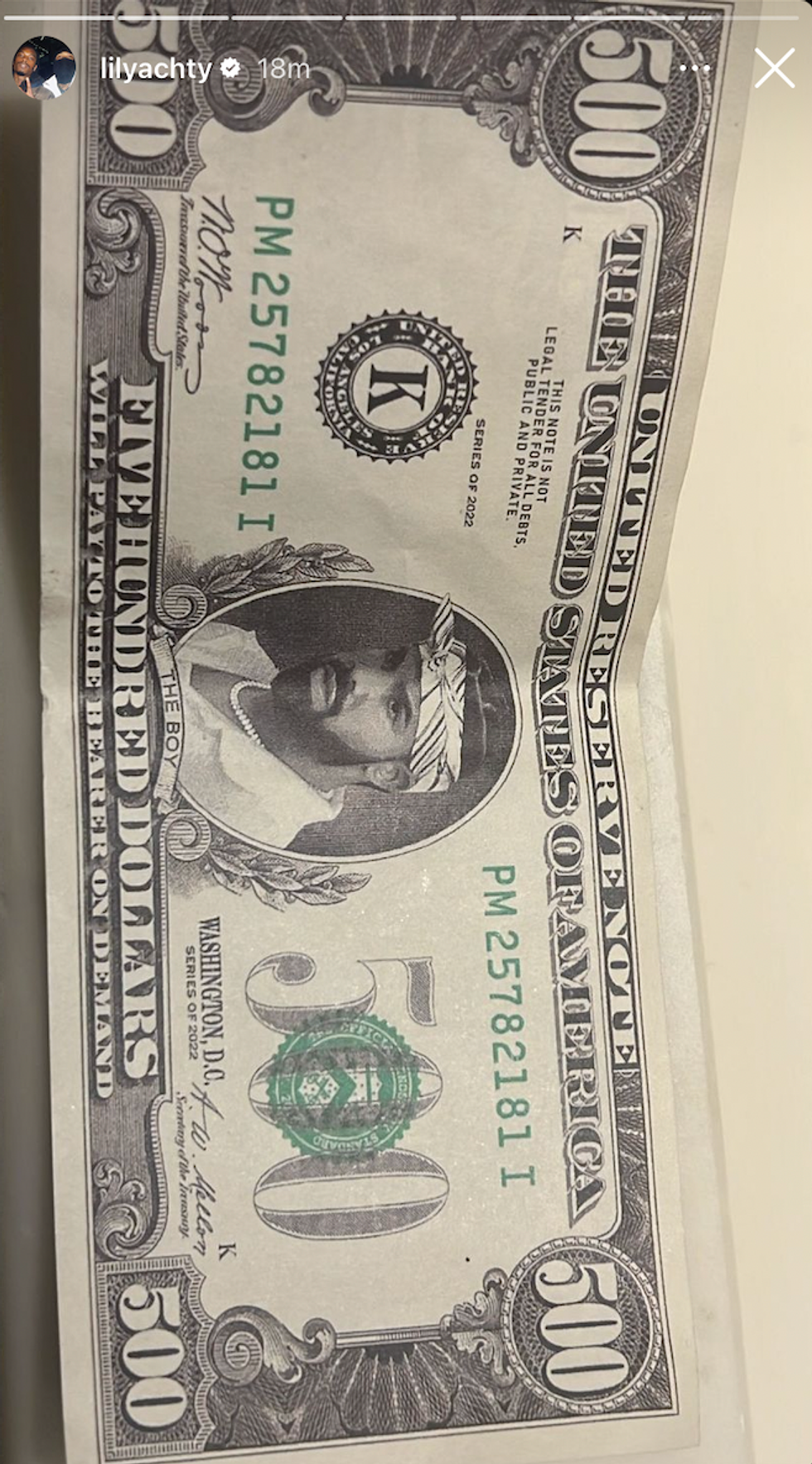 The $500 bill on Lil Yachty's Instagram story.