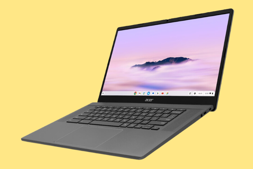 The Acer Chromebook Plus 515 against a yellow background.