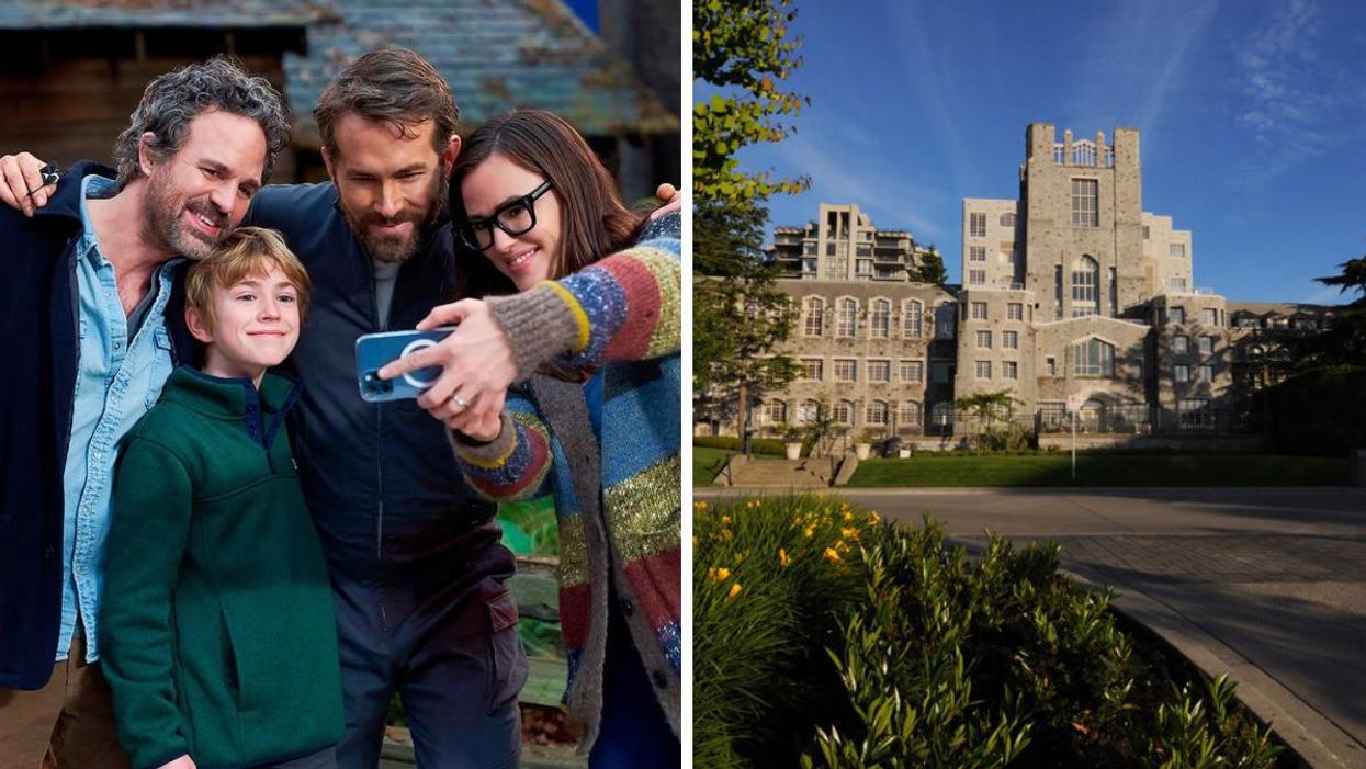 The Adam Project cast taking a picture. Right: UBC Campus.