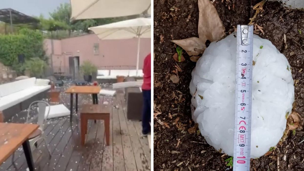 The aftermath of the hailstorm. Right: A hailstone from the storm in Spain.