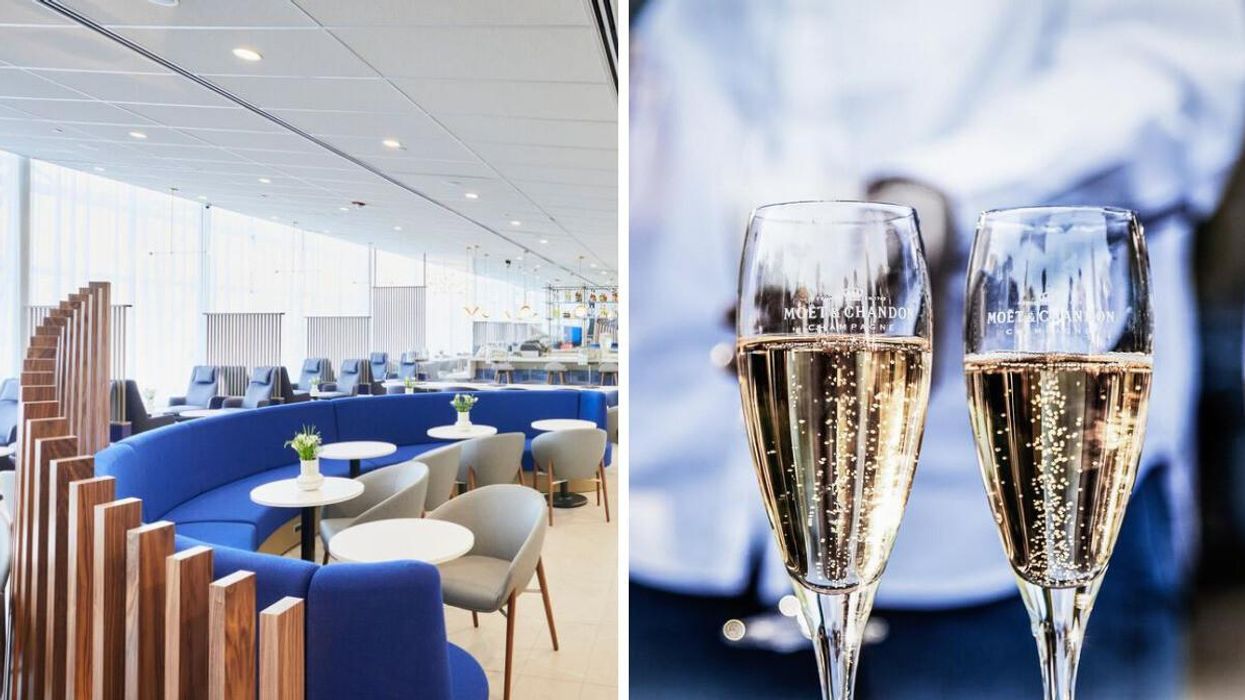 The Air France lounge in Montreal. Right: Champagne in glasses.