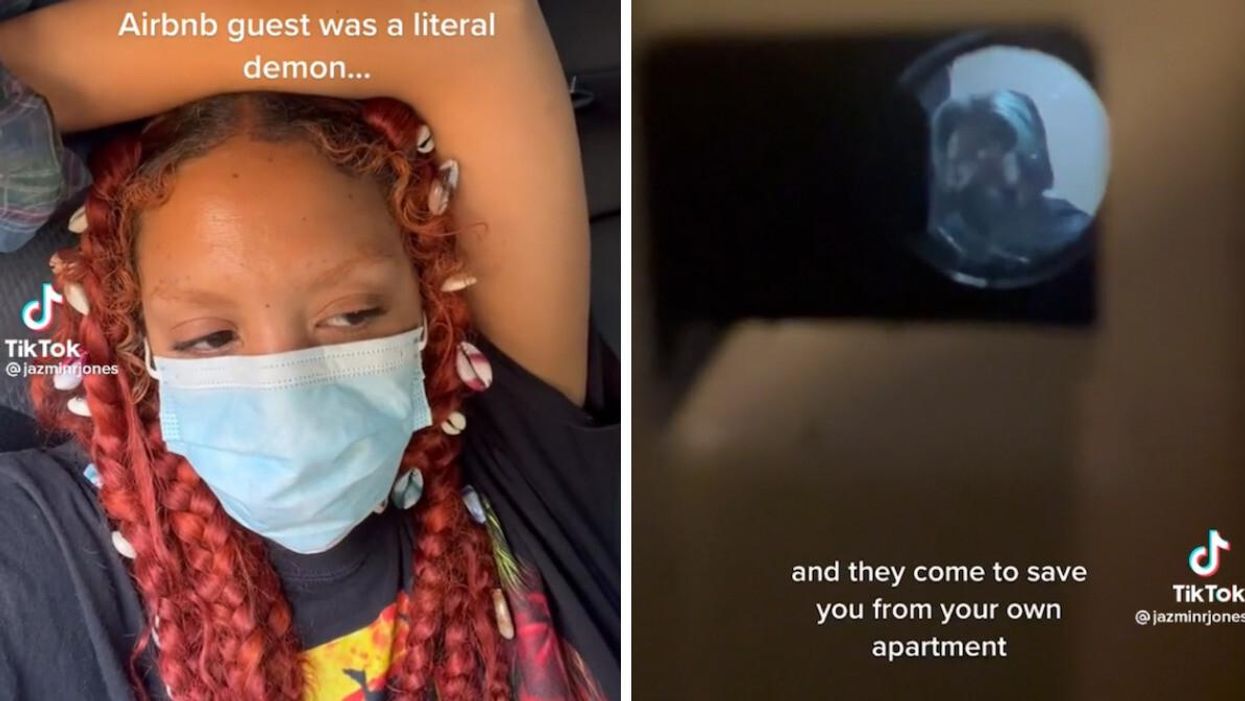 The Airbnb host in a TikTok about the guest. Right: A view of the host's friend from the Airbnb peep hole.