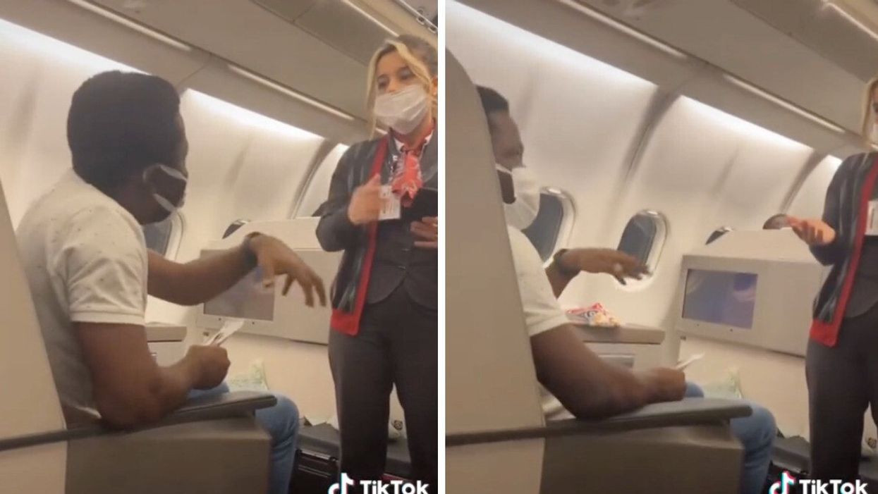 The airline passenger and flight attendant arguing in the TikTok video.