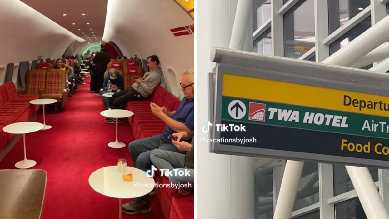The airplane bar in the TWA Hotel. Right: The sign for the TWA Hotel.